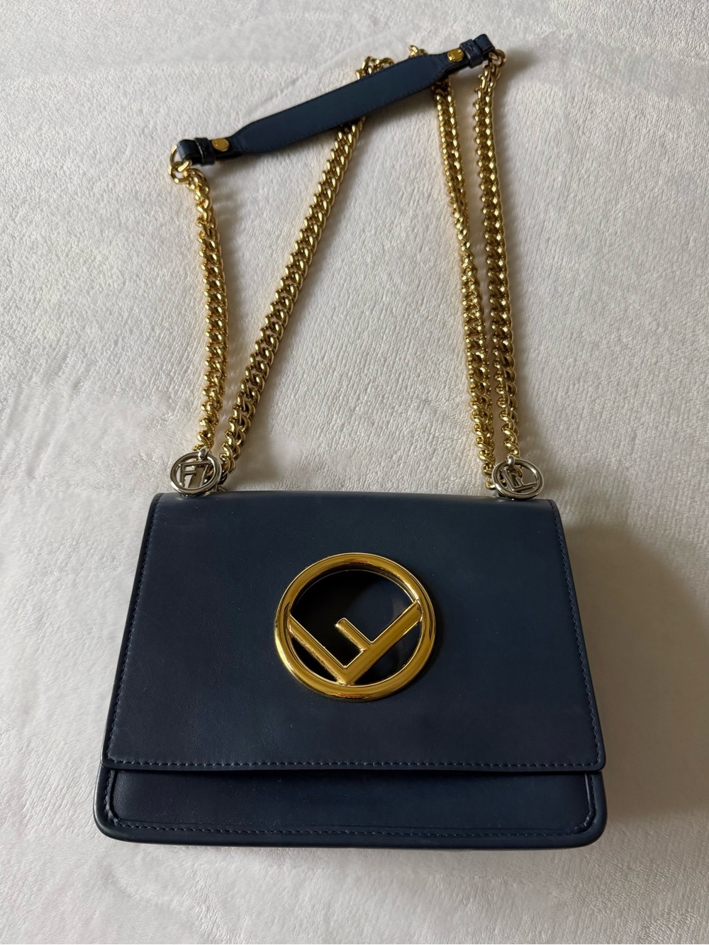 Fendi Navy Leather Shoulder Bag with Gold Logo Chain